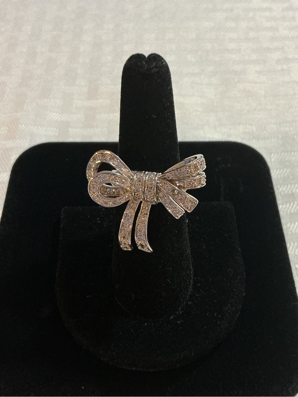Bow Pave’ Cubic Zirconia Sparkling Ribbon Silver Tone Band Ring